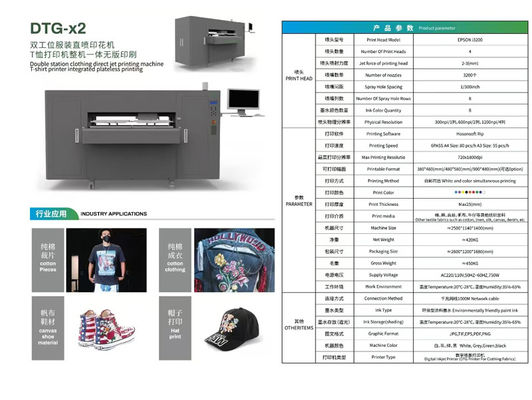 Drukarka DTG 8 kolorów atramentu z dyszami 3200 sztuk i formatem drukowalnym 380x480mm/ 480x580mm/ 900x480mm